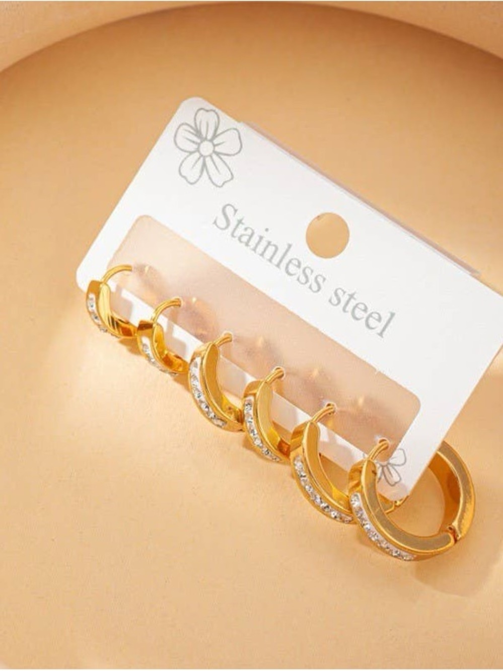 Water Proof Tarnish Free Gold Crescent Hoop Earrings Set with Crystal Accents